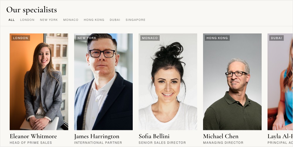 Compact agent roster module with a region filter and a horizontal strip of consistent portraits