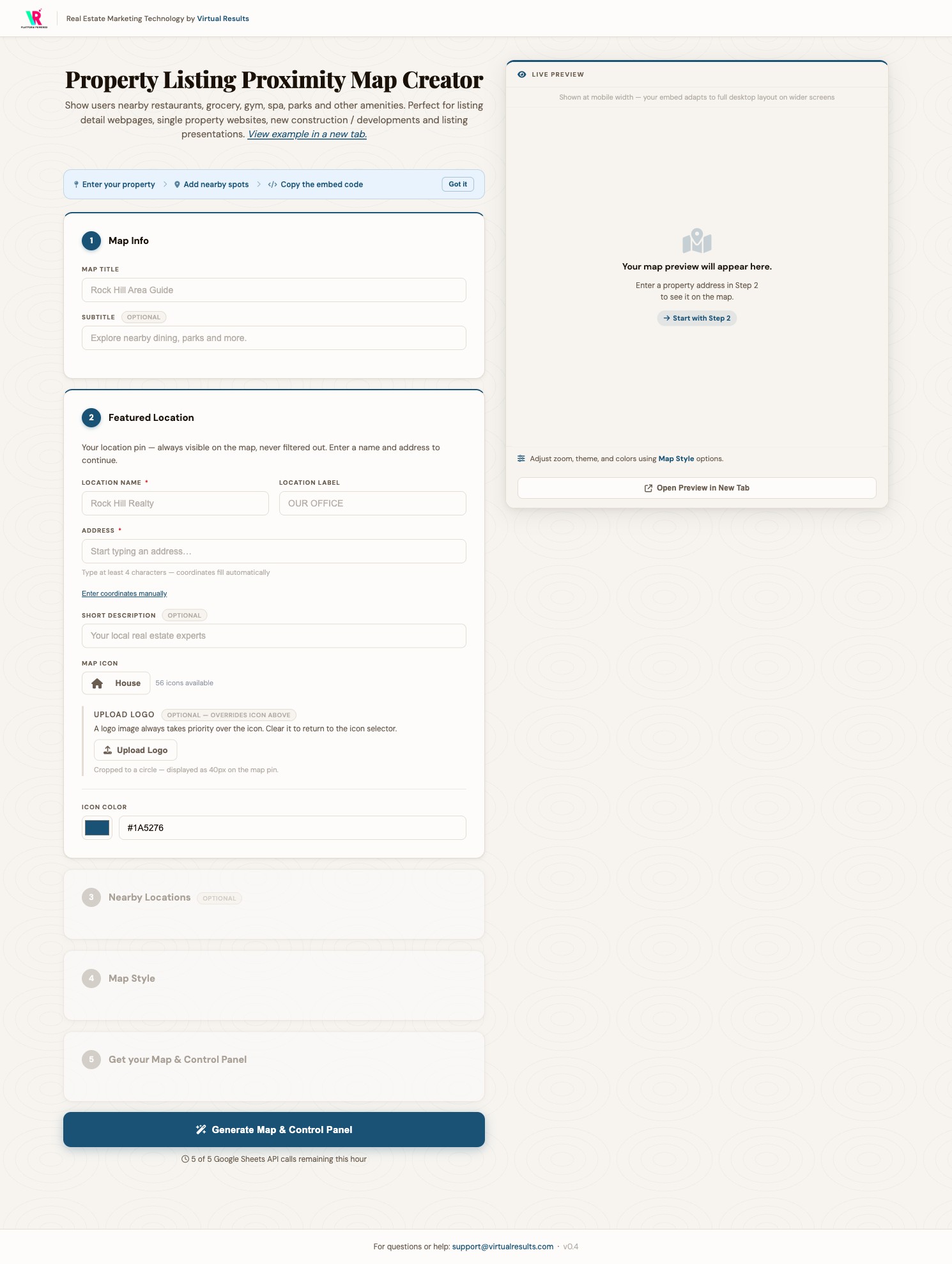 The Map Maker builder interface showing numbered step cards on a warm parchment background with a single deep steel-blue accent and a live map preview panel