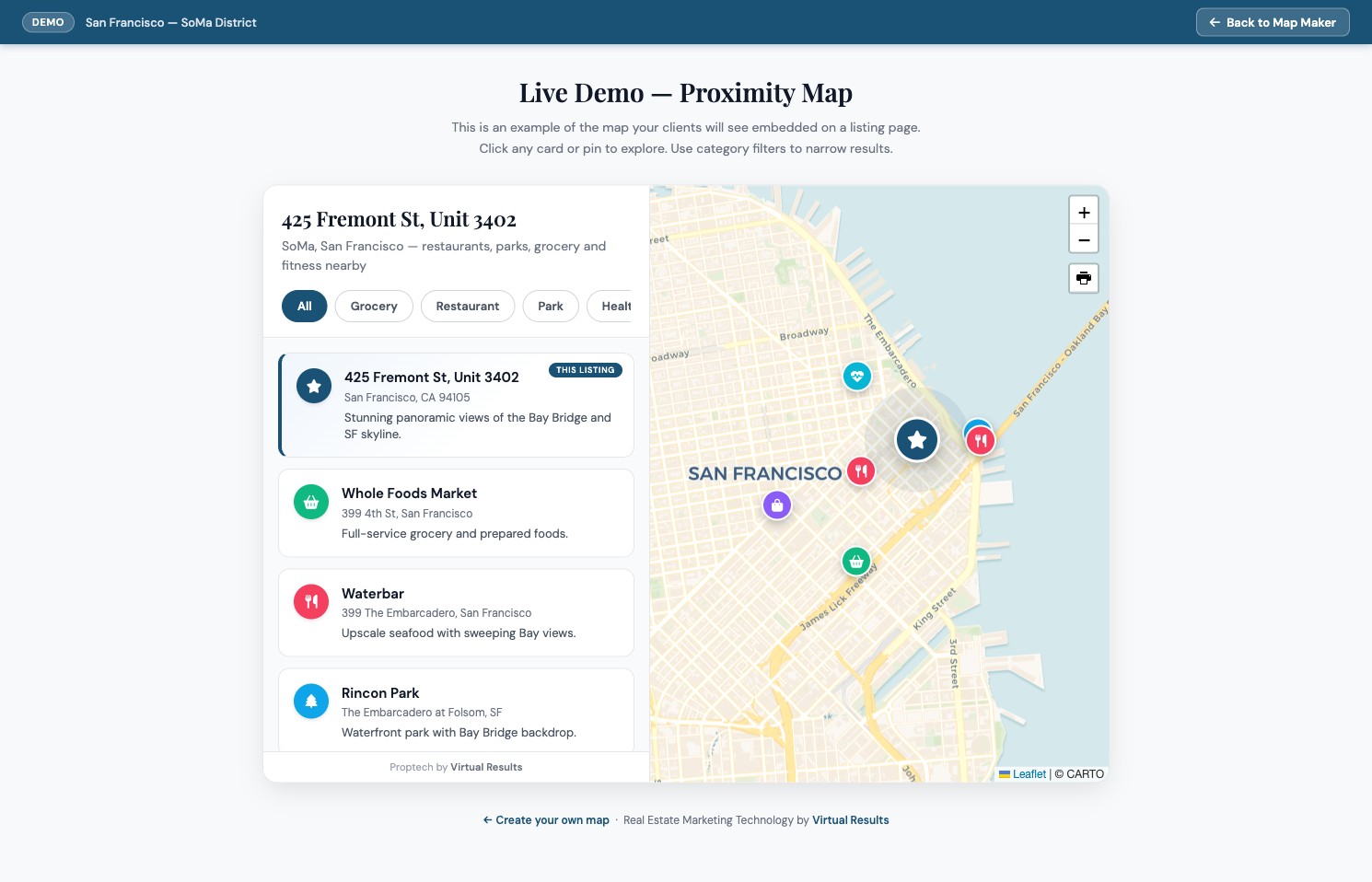 A rendered proximity map embed showing a featured listing pin and nearby grocery, restaurant, and park pins with a filterable list of location cards