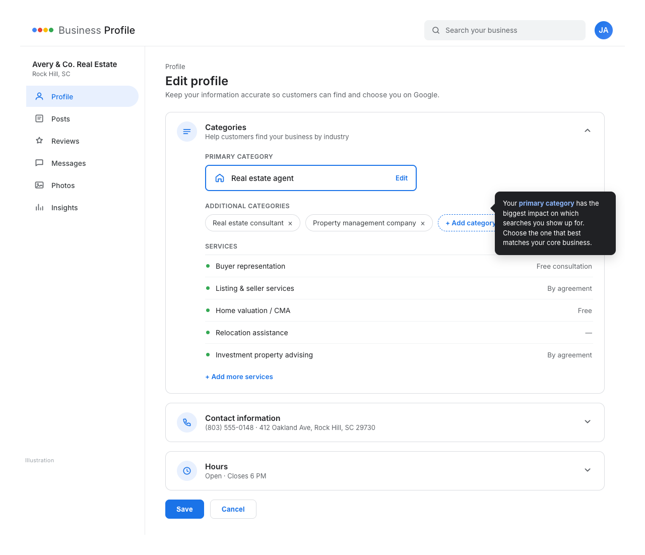 Annotated screenshot of the Google Business Profile dashboard highlighting the category selector and services section