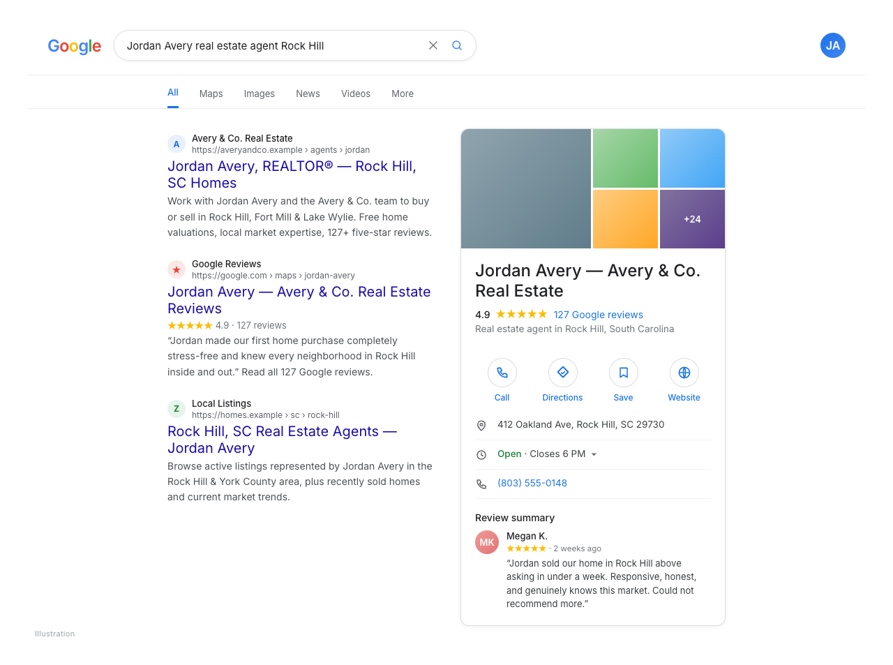 Screenshot of a polished real estate agent Google Business Profile in Google Search showing category, star rating, photos, and recent posts
