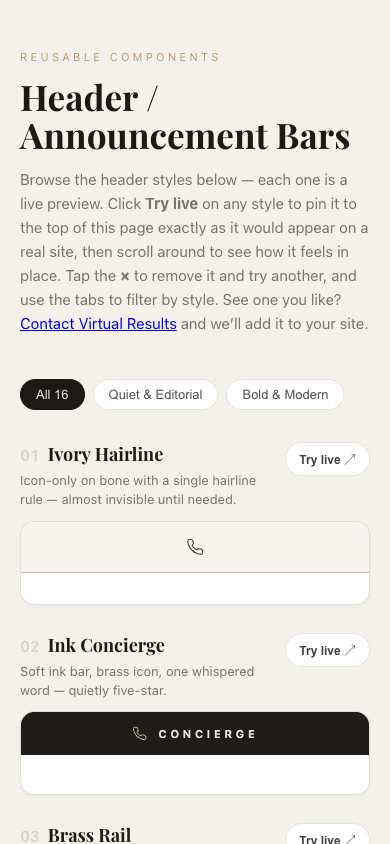 Sticky header playground shown on a phone