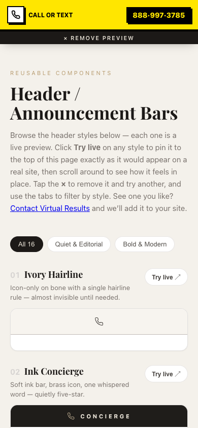 A bold yellow Call or Text header pinned to the top of a mobile screen
