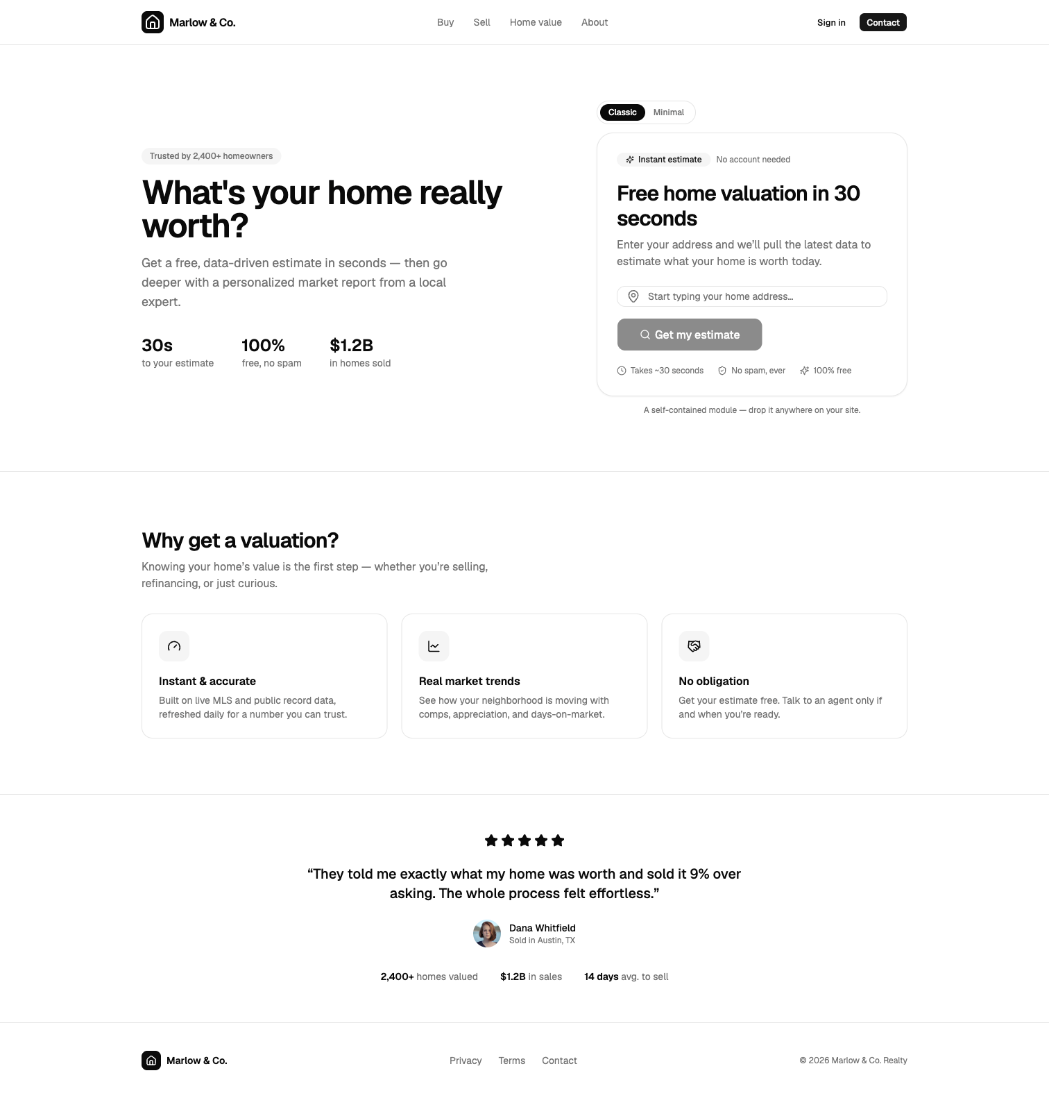 A clean home valuation tool landing page with the headline What's your home really worth and an embedded address-first estimate module