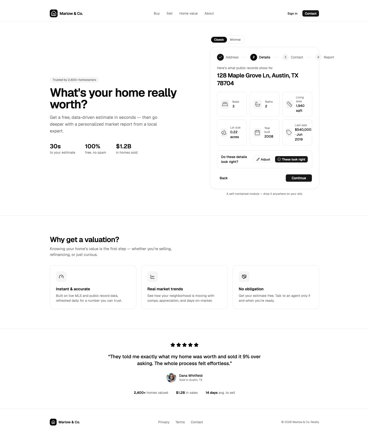The details step of a home valuation tool showing pulled property facts with an option to adjust them