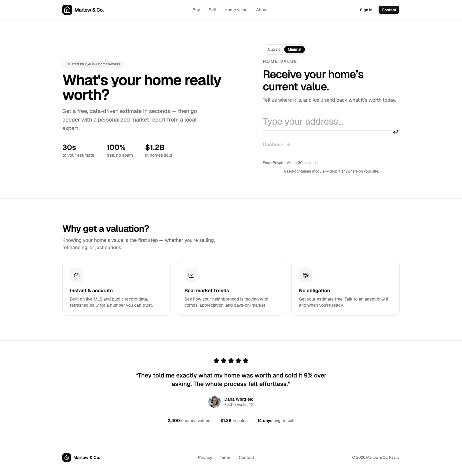 A minimal, frameless editorial home valuation tool design with the headline Receive your home's current value and an underlined address input