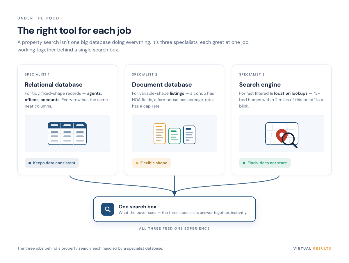 Diagram showing three labeled boxes — a relational database for structured records like agents and accounts, a document database for variable-shape listing records, and a search engine for fast filtered and geo lookups — all feeding into a single search box.