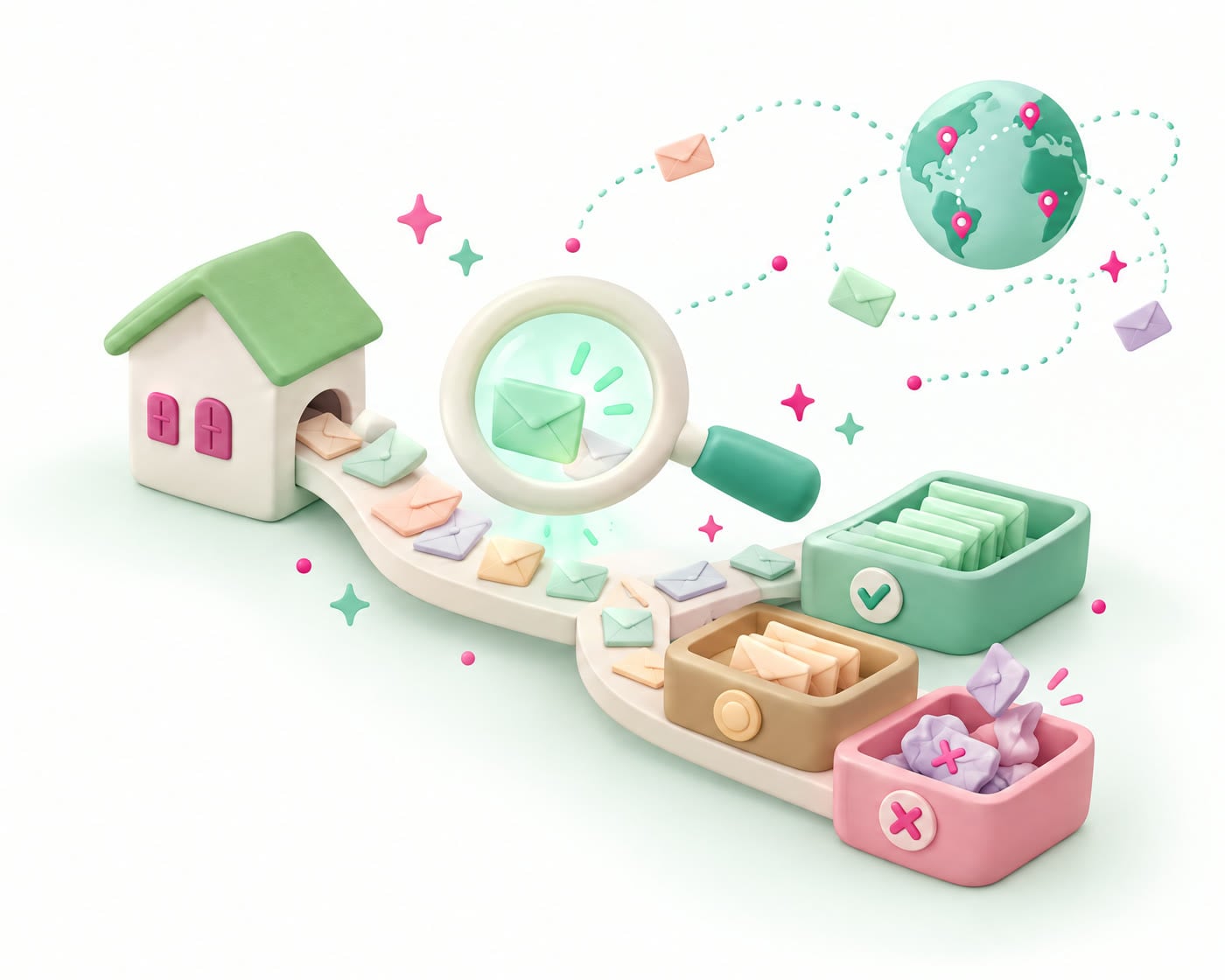 Clay illustration: messages travel from a little house past a magnifying glass into an approved tray, a spam folder tray and a discarded tray, with a globe for the wider network.