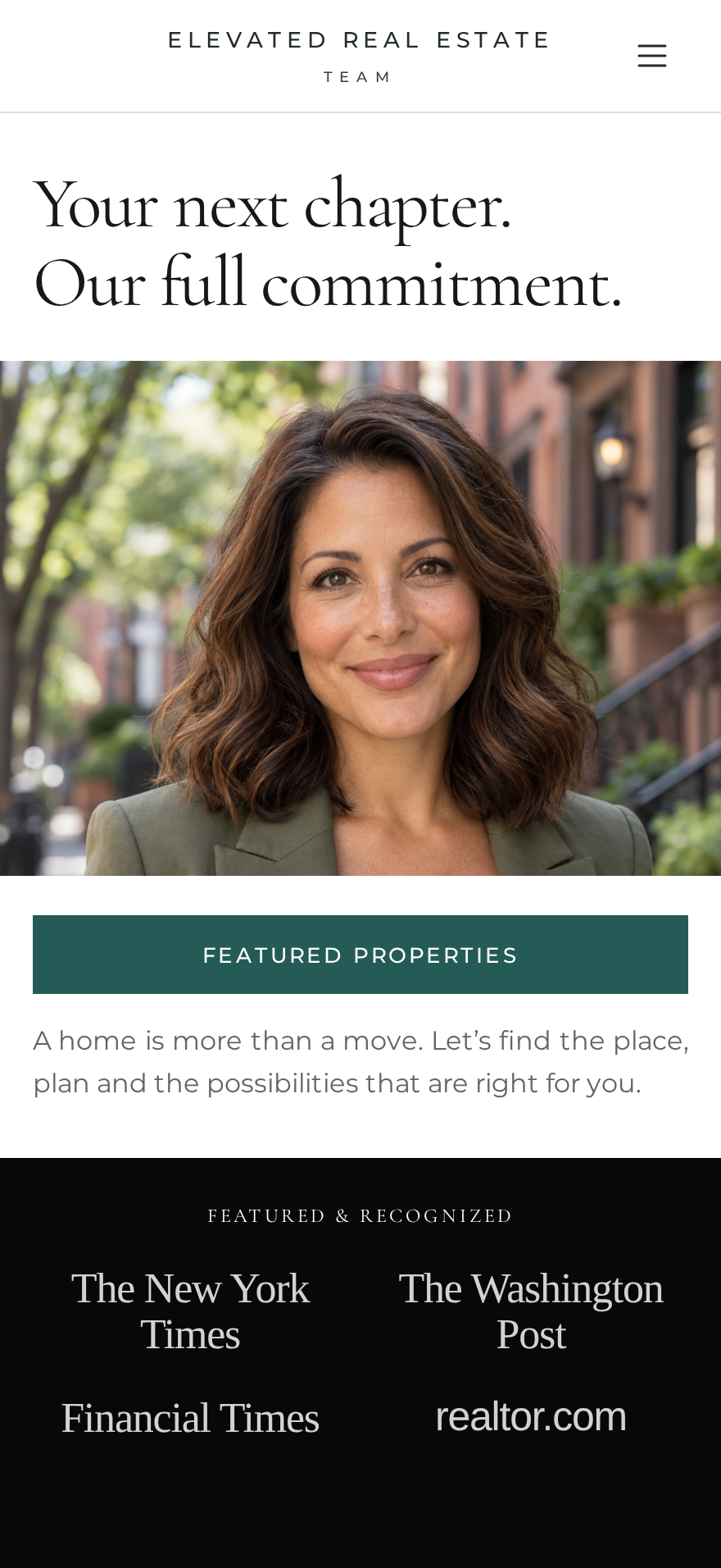 The same Mia H. agent website displayed on a phone, with her portrait, headline and Featured Properties button