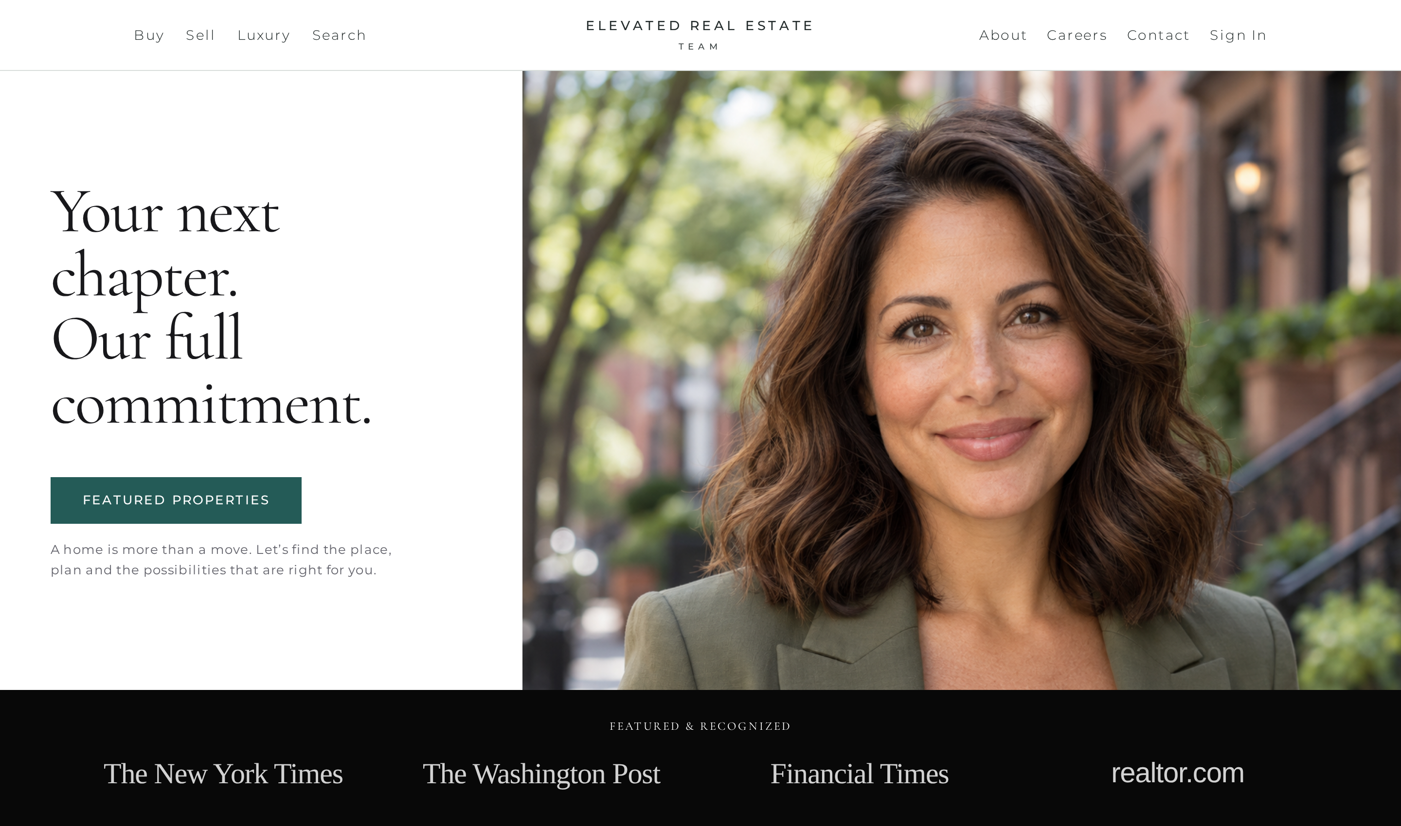 Mia H.’s agent website with her portrait and the headline Your next chapter. Our full commitment.