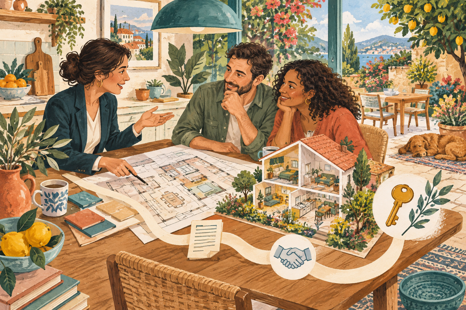 Original colorful artwork of an agent and clients exploring a home and its connected spaces