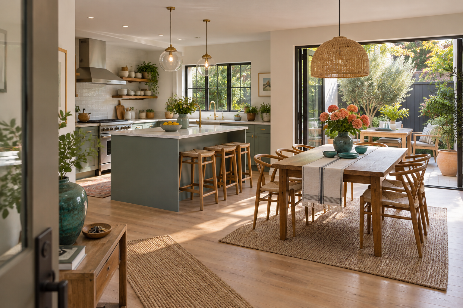 Original AI interior illustration showing how entry, kitchen, dining and patio connect in a home