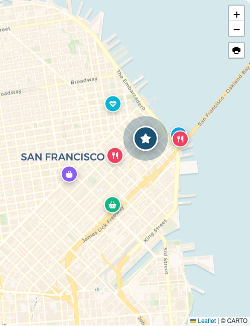 A live proximity map with a featured listing pin and color-coded category pins for restaurants, grocery, and parks on a neighborhood map