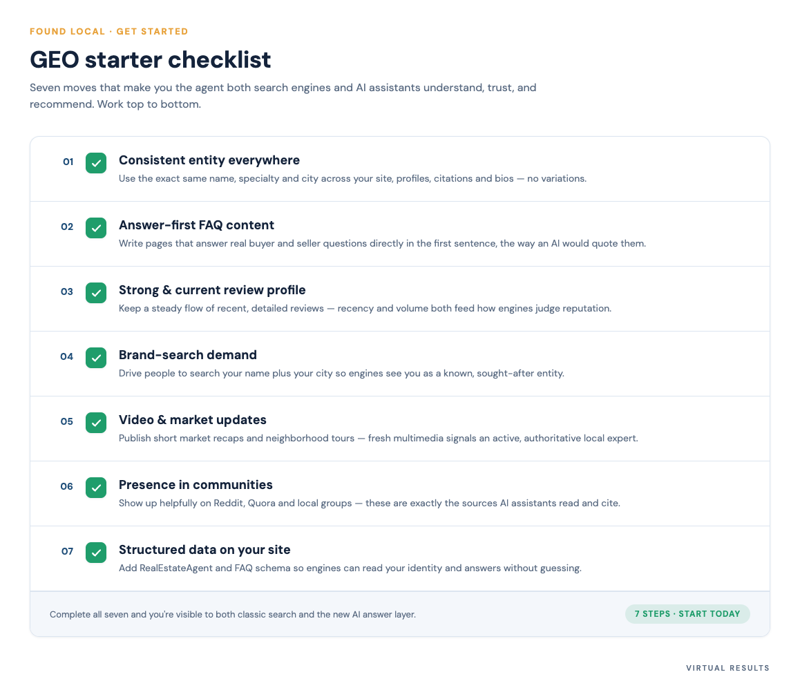 Checklist graphic listing GEO starter steps including consistent identity, answer-first content, reviews, brand search, video, and community presence