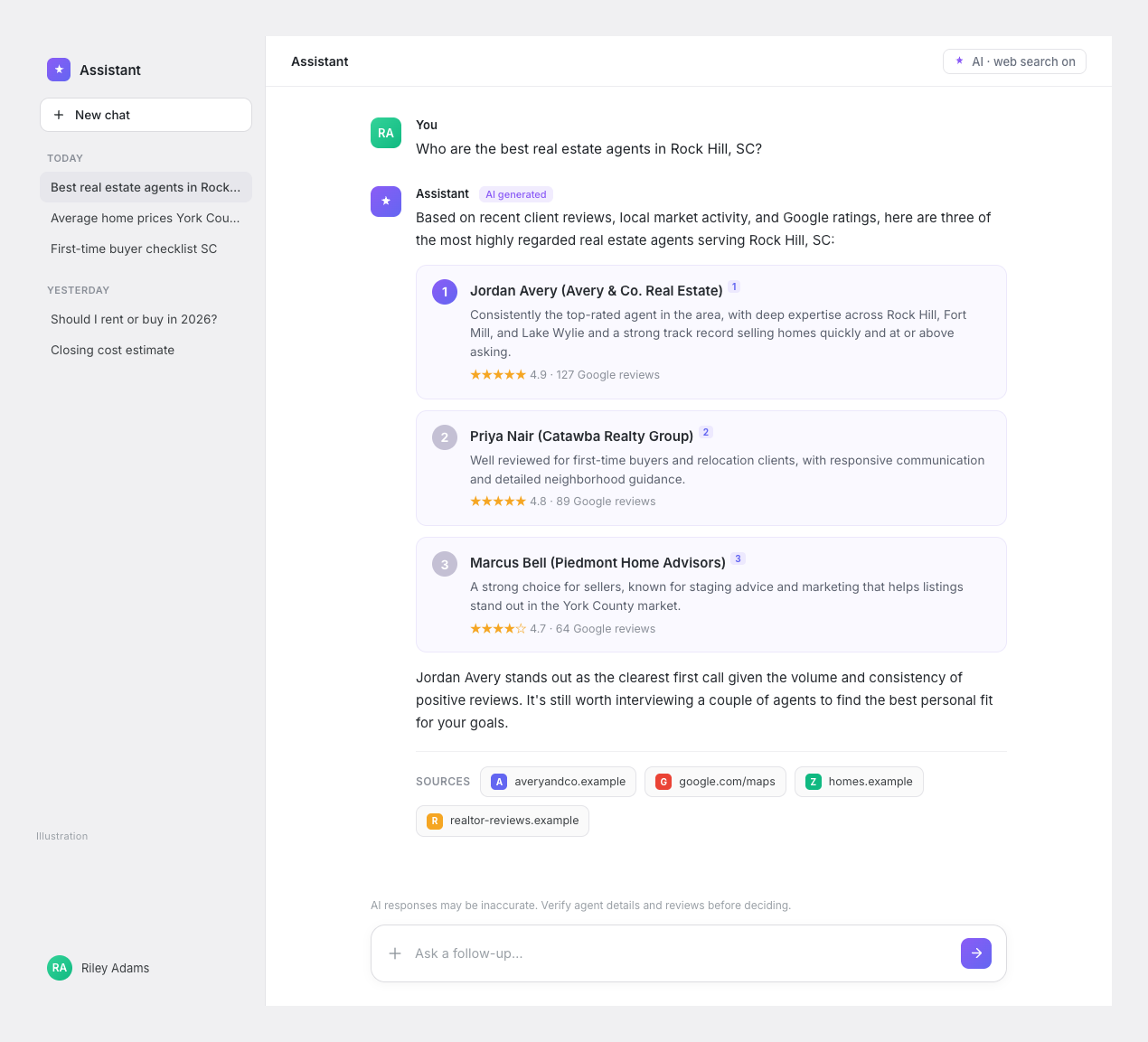 Screenshot of an AI chat answer recommending a real estate agent, with a row of cited source links shown beneath the response