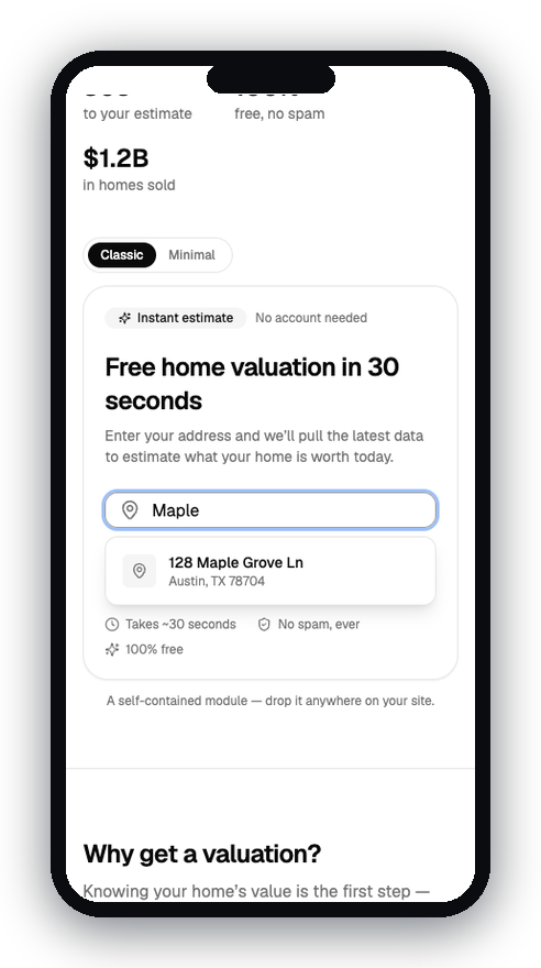 Home valuation tool step one: an address field with autocomplete suggesting 128 Maple Grove Ln