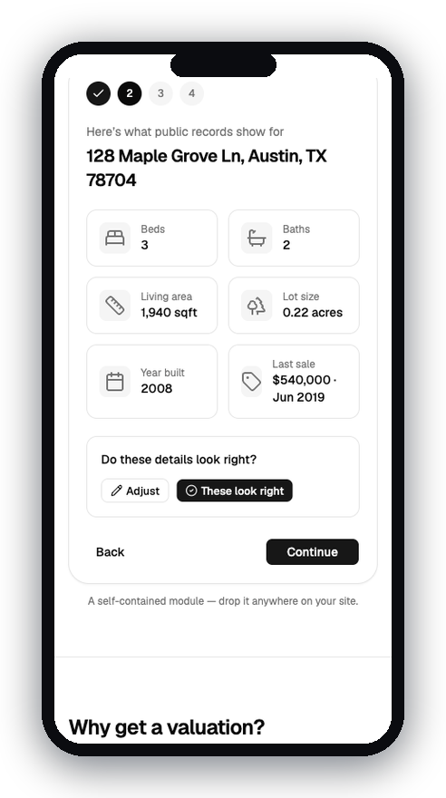 Step two: the tool shows public-record details such as beds, baths, square footage and last sale to confirm