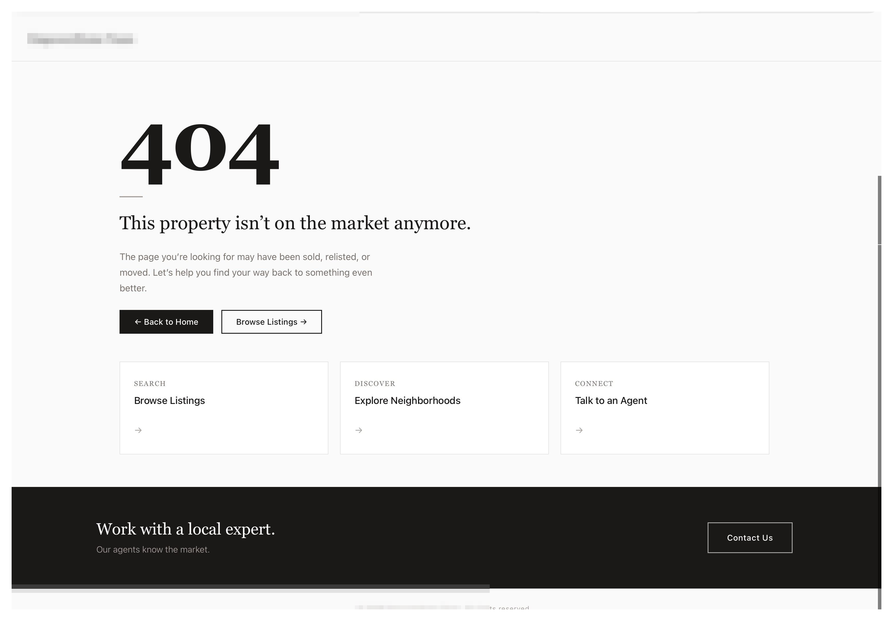Screenshot of a minimal Virtual Results static 404 page with a short headline and links to browse listings and contact.