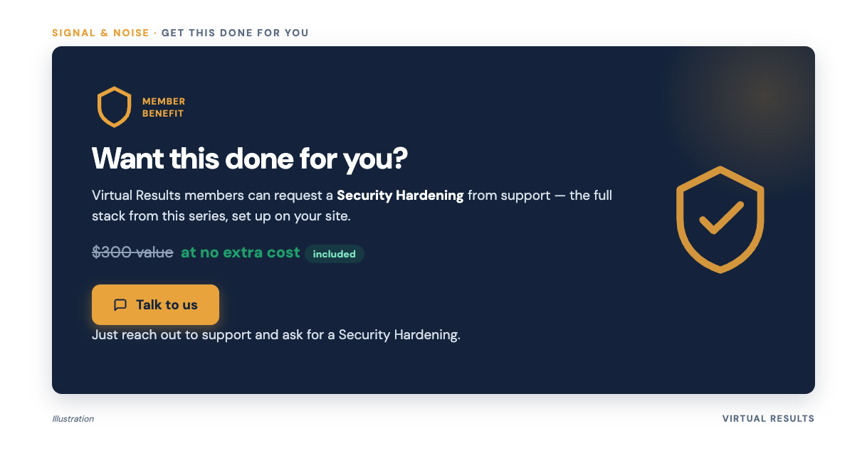 Branded call-to-action card reading Done-For-You Security Hardening, $300 value, free for members, with a Request from support prompt