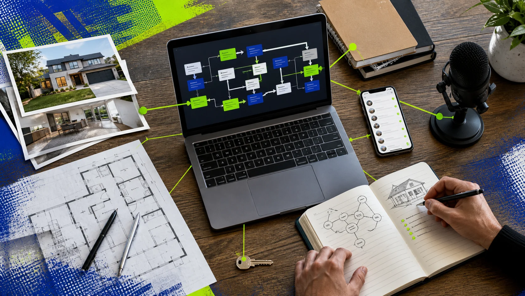 Illustrated real estate AI workbench with listing photos, a floor plan, a laptop workflow map, a phone, a notebook, and a microphone