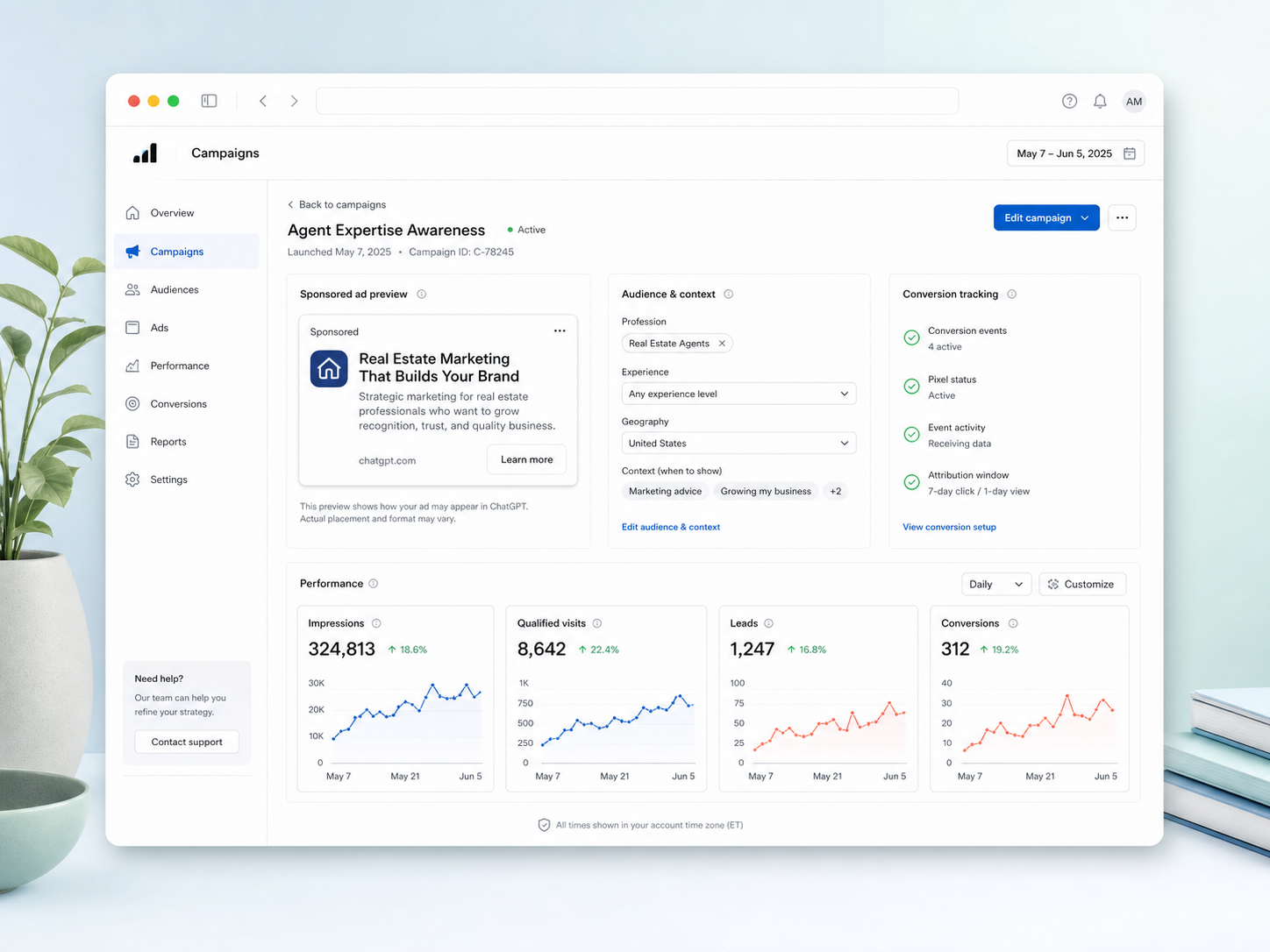 Fictional campaign dashboard with sponsored ad preview, tracking, and performance metrics
