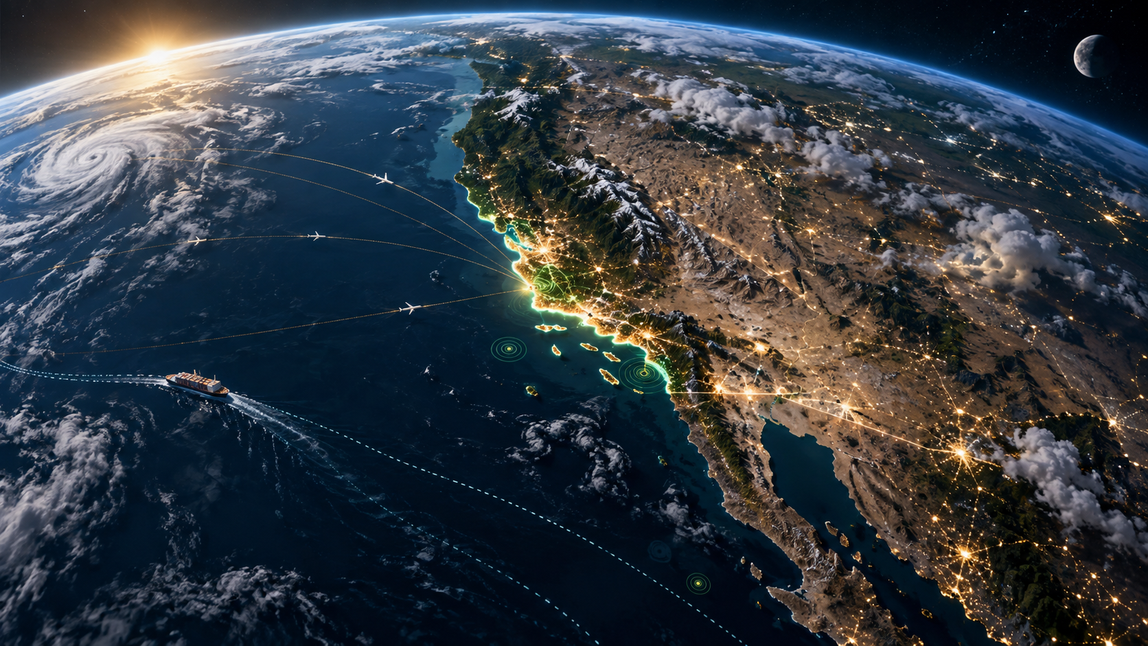 A glowing 3D Earth with Southern California and neighborhood signals highlighted in emerald and gold