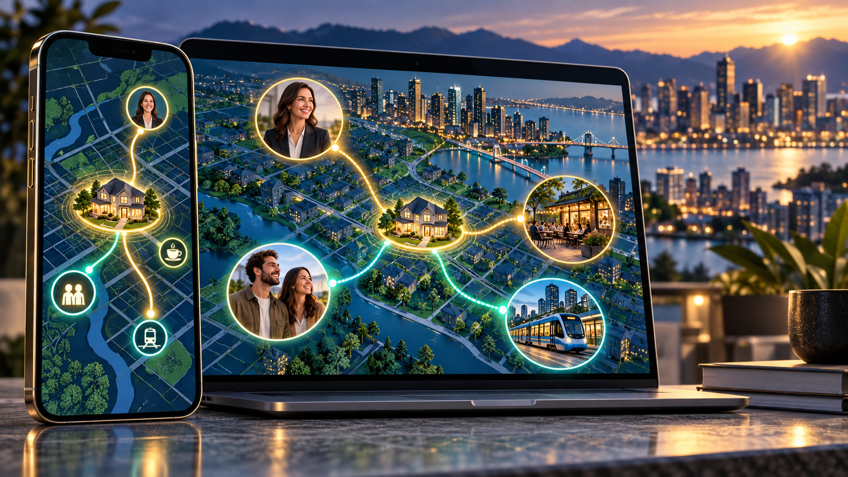 A mobile phone and desktop browser showing an interactive city map with glowing pathways connecting a home to people and places