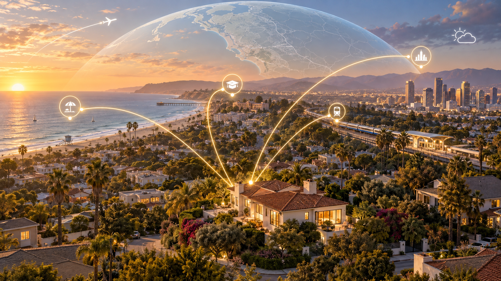 A California neighborhood viewed from above with glowing routes to schools, transit, beaches and downtown