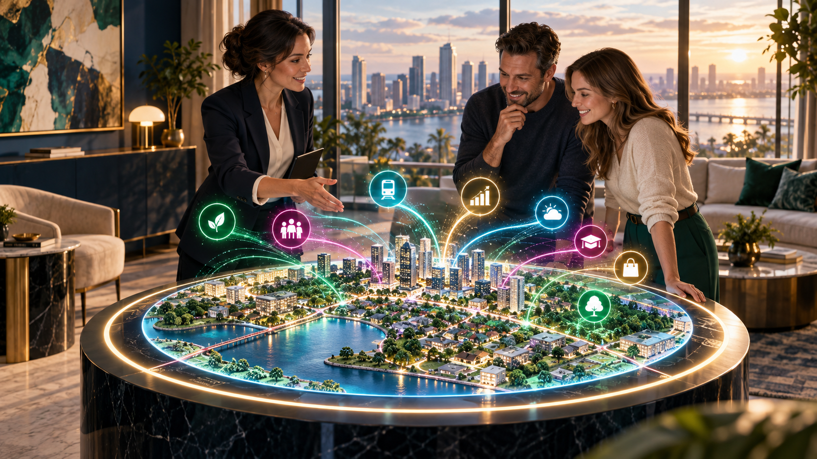 An agent and a couple gathered around a glowing 3D globe table in a bright real-estate office