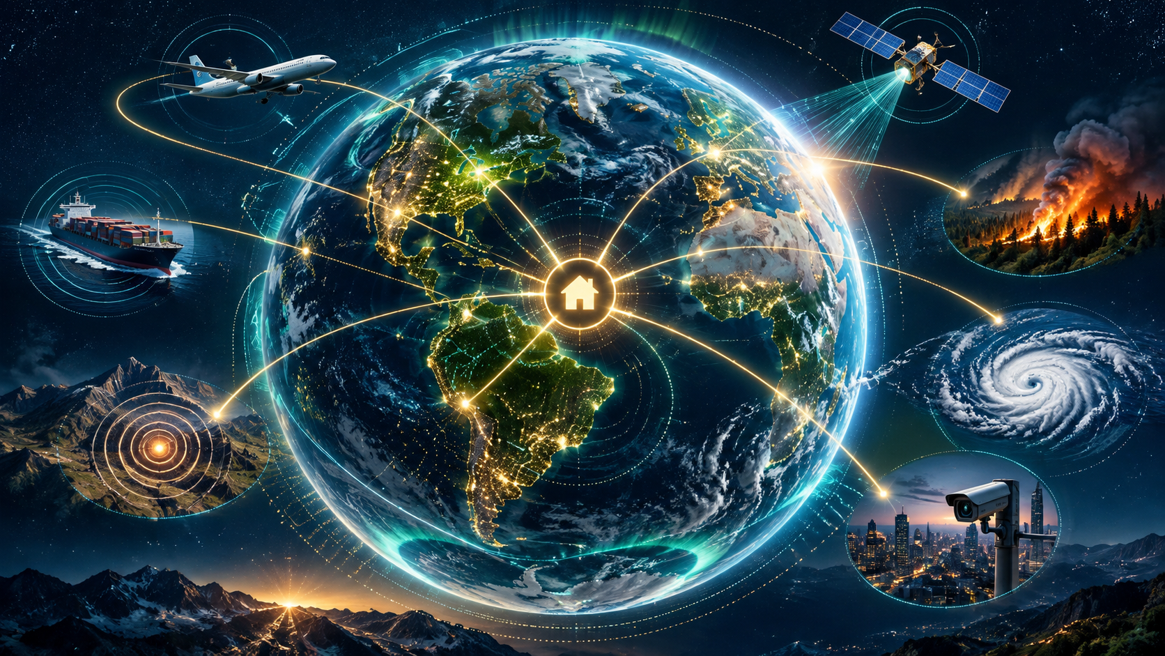 A glowing globe assembled from rings and signal layers, with a home connected to aircraft, vessels, satellites and weather markers