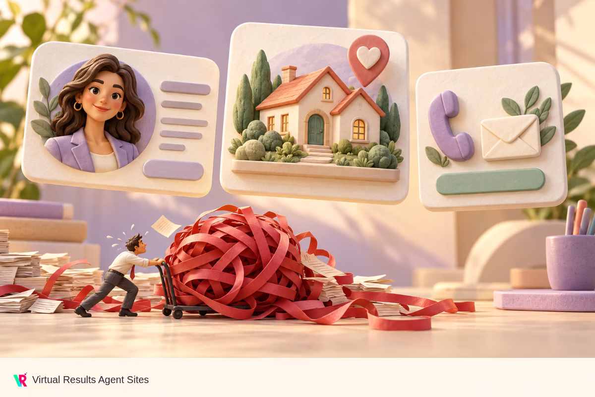 Artful portrait, property and contact components float above a tiny worker carting away a spool of administrative red tape.