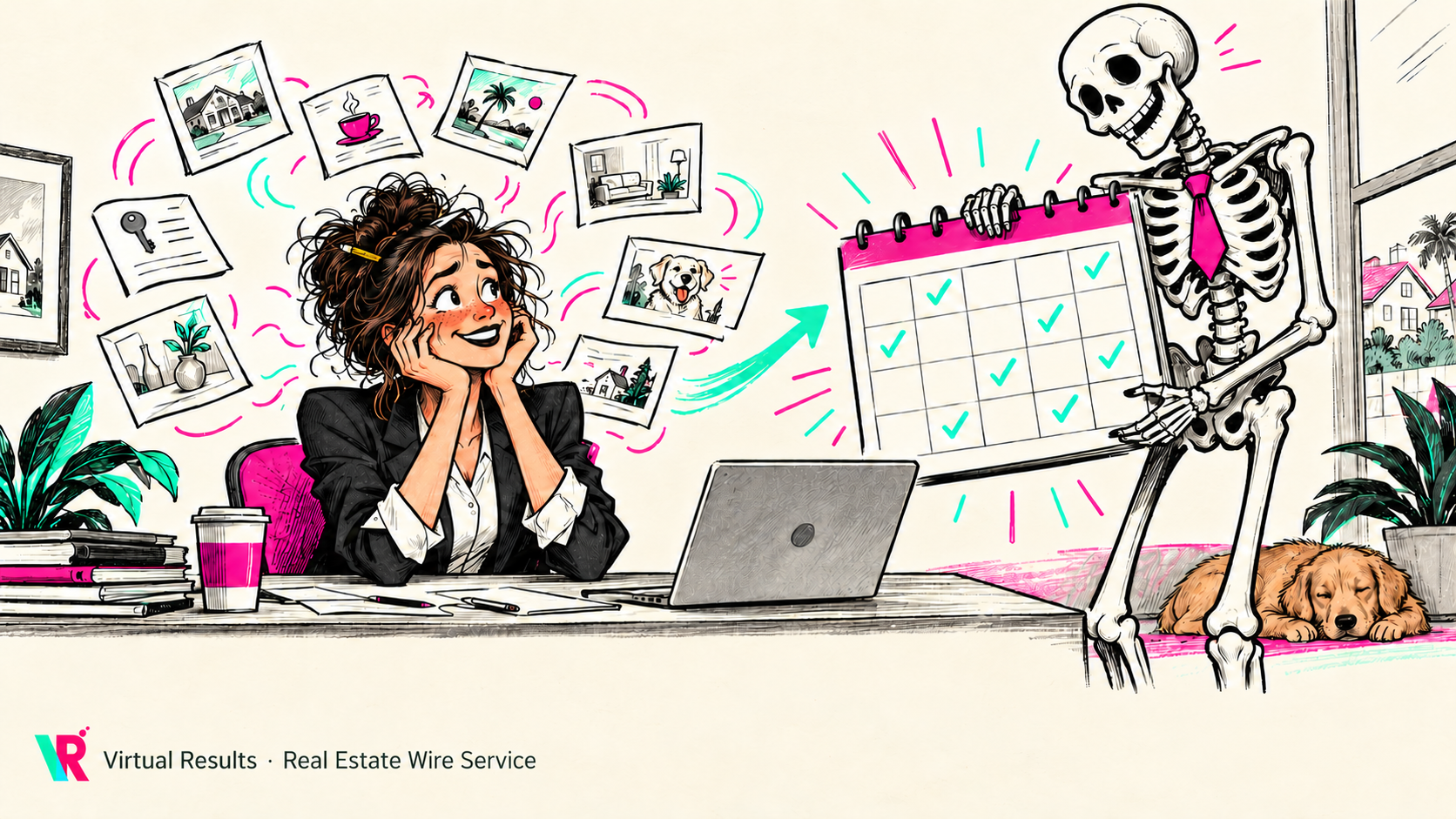 A real estate agent surrounded by little assignments gets help from a skeleton holding one monthly calendar.