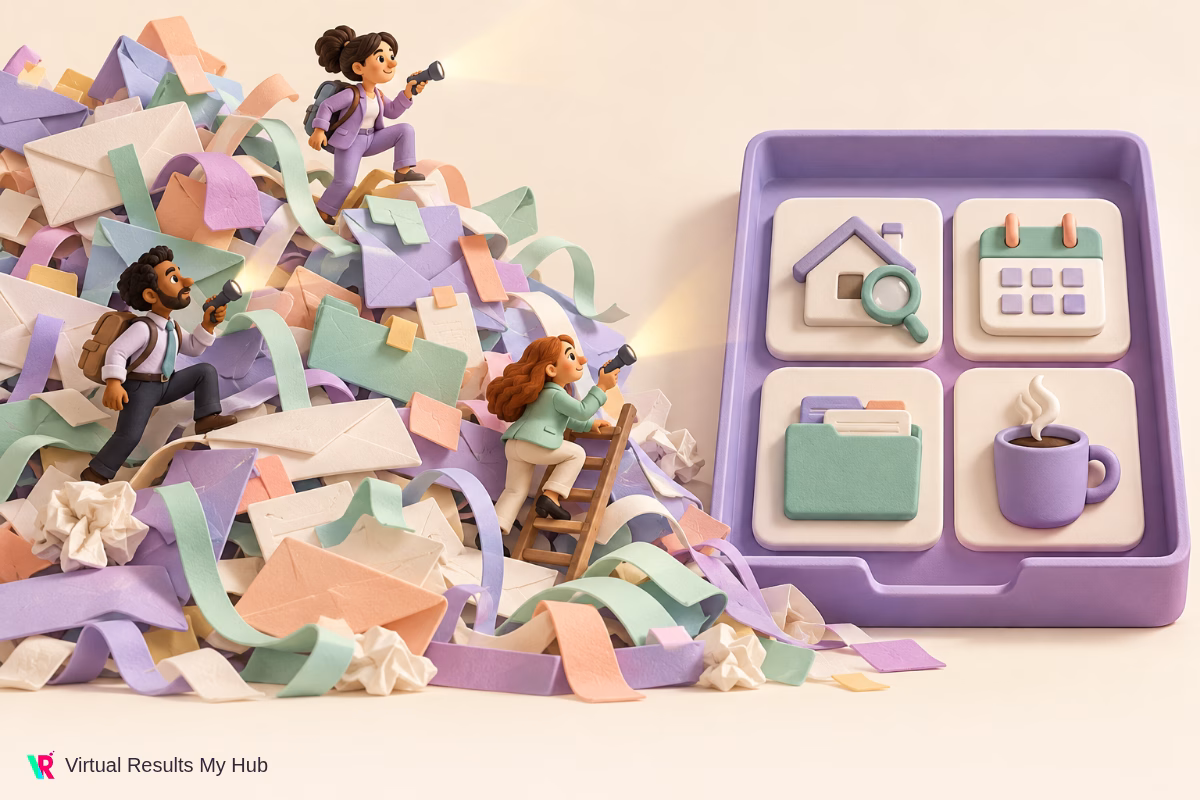 Miniature office explorers search a mountain of messages beside a neatly arranged tray of shortcut cards.