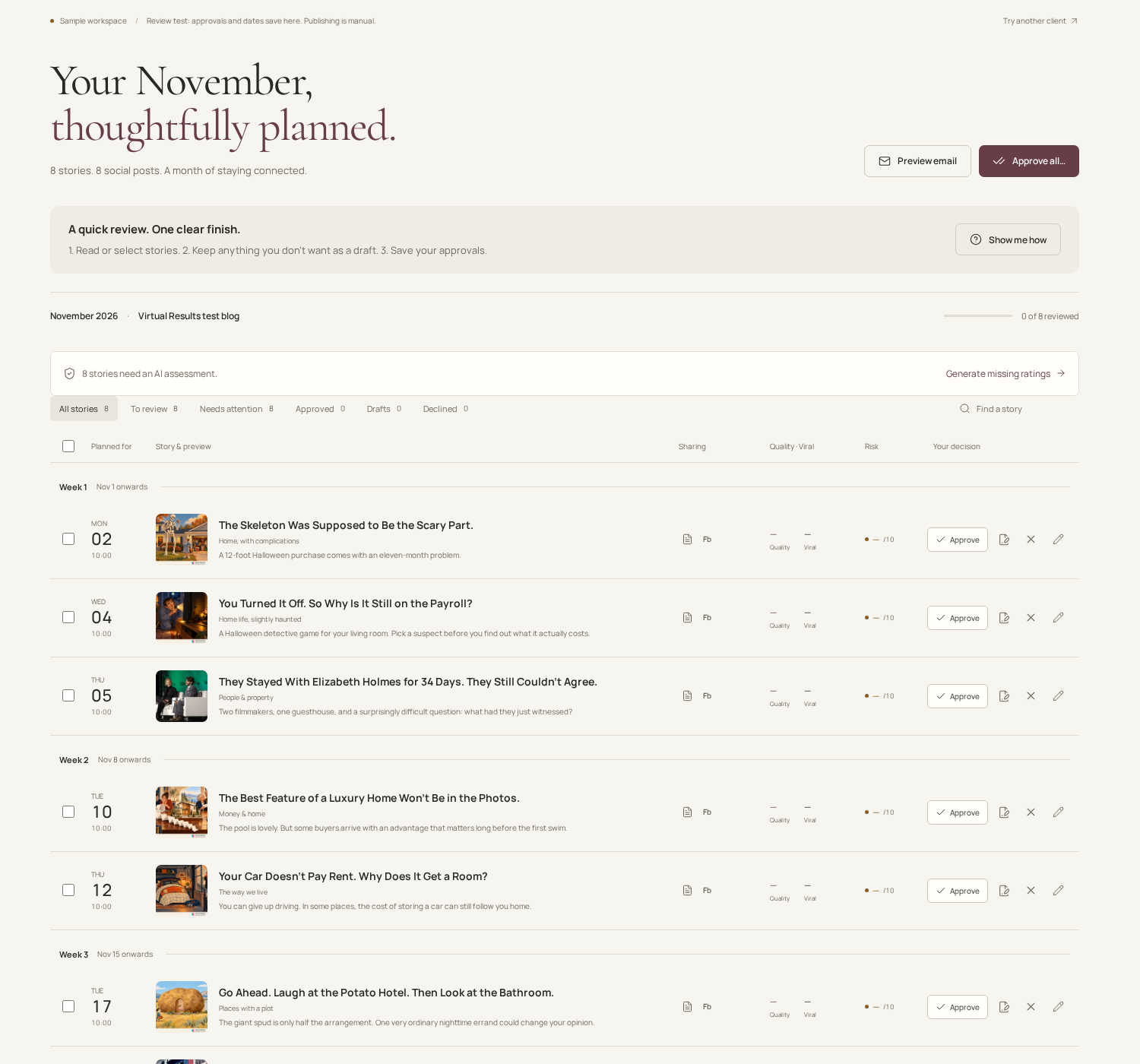Actual November review page showing Approve all above the visible story list.