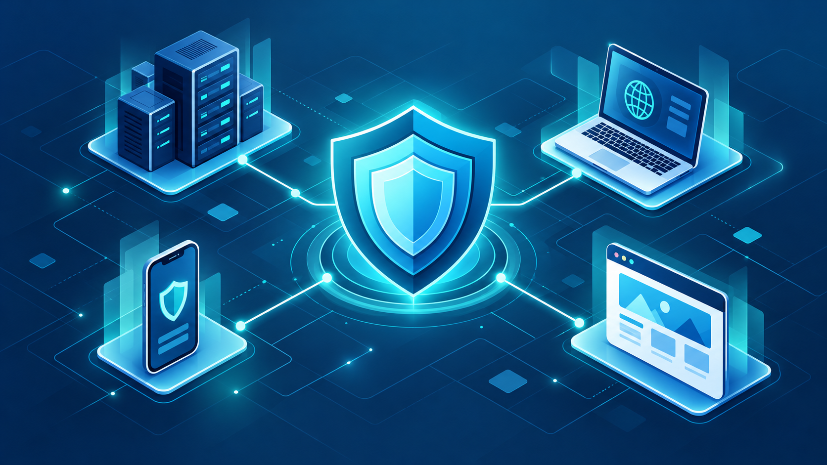 Digital security dashboards showing protected servers, network activity, and security controls.