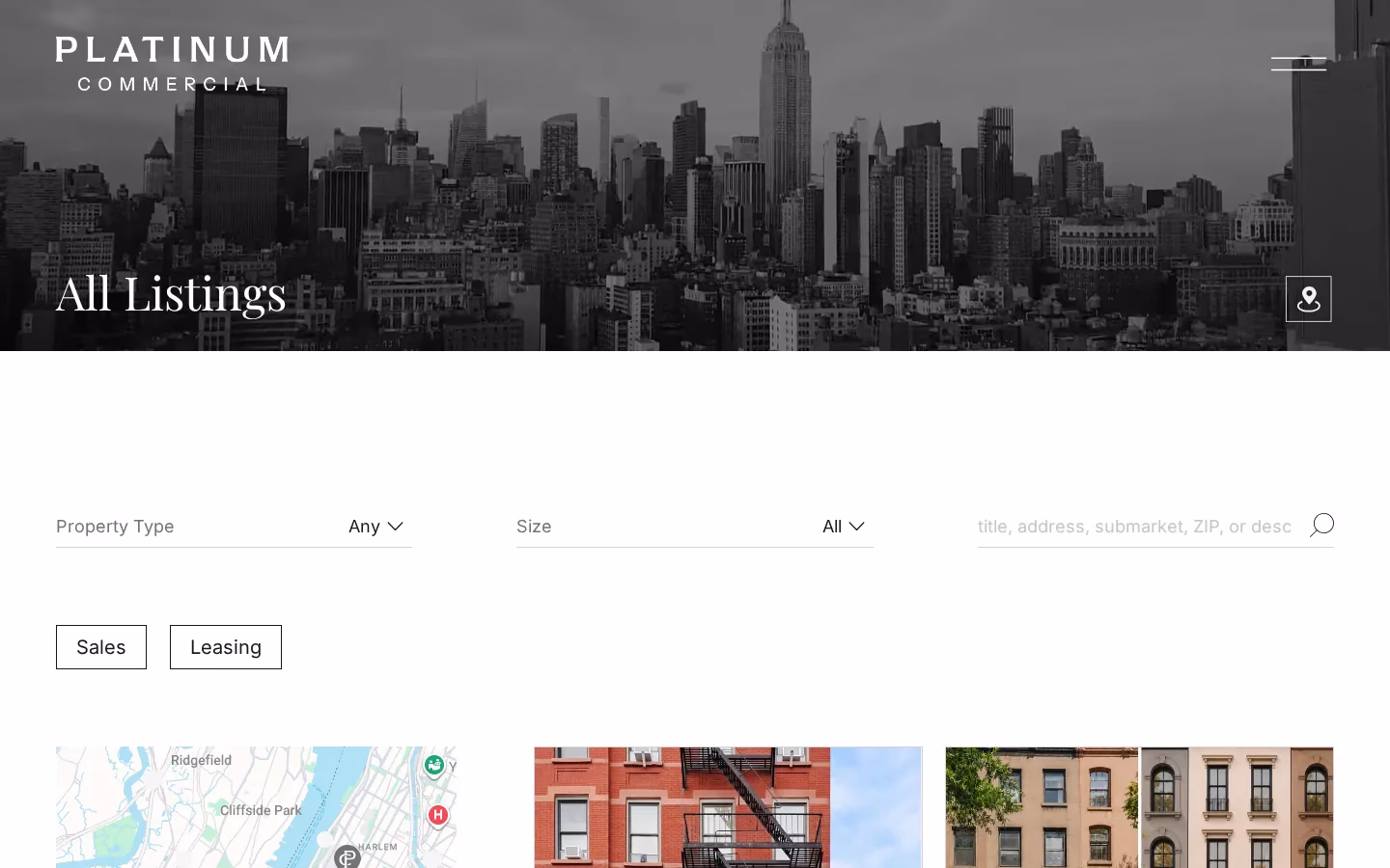 Archived Platinum Commercial listings page with a Manhattan skyline