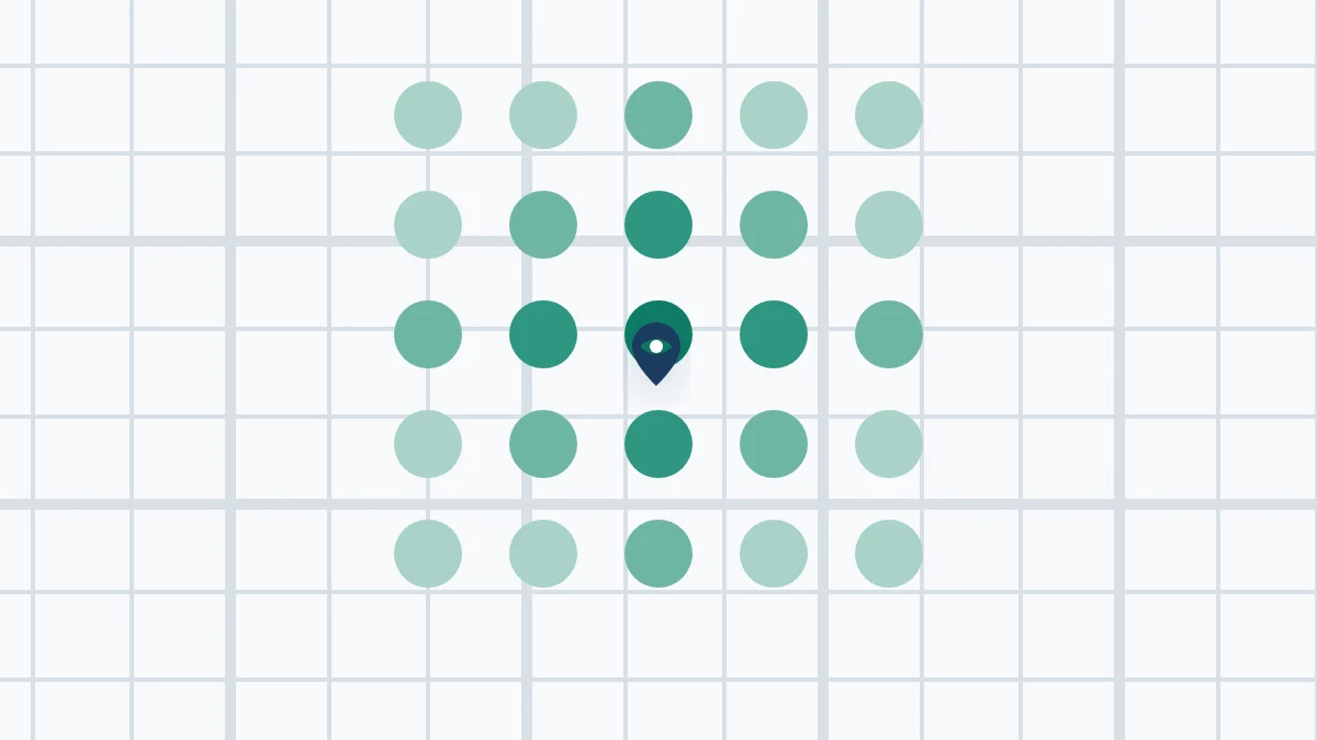 Abstract map with a grid of dots that fade from green to grey, showing that Google Maps visibility changes from block to block.
