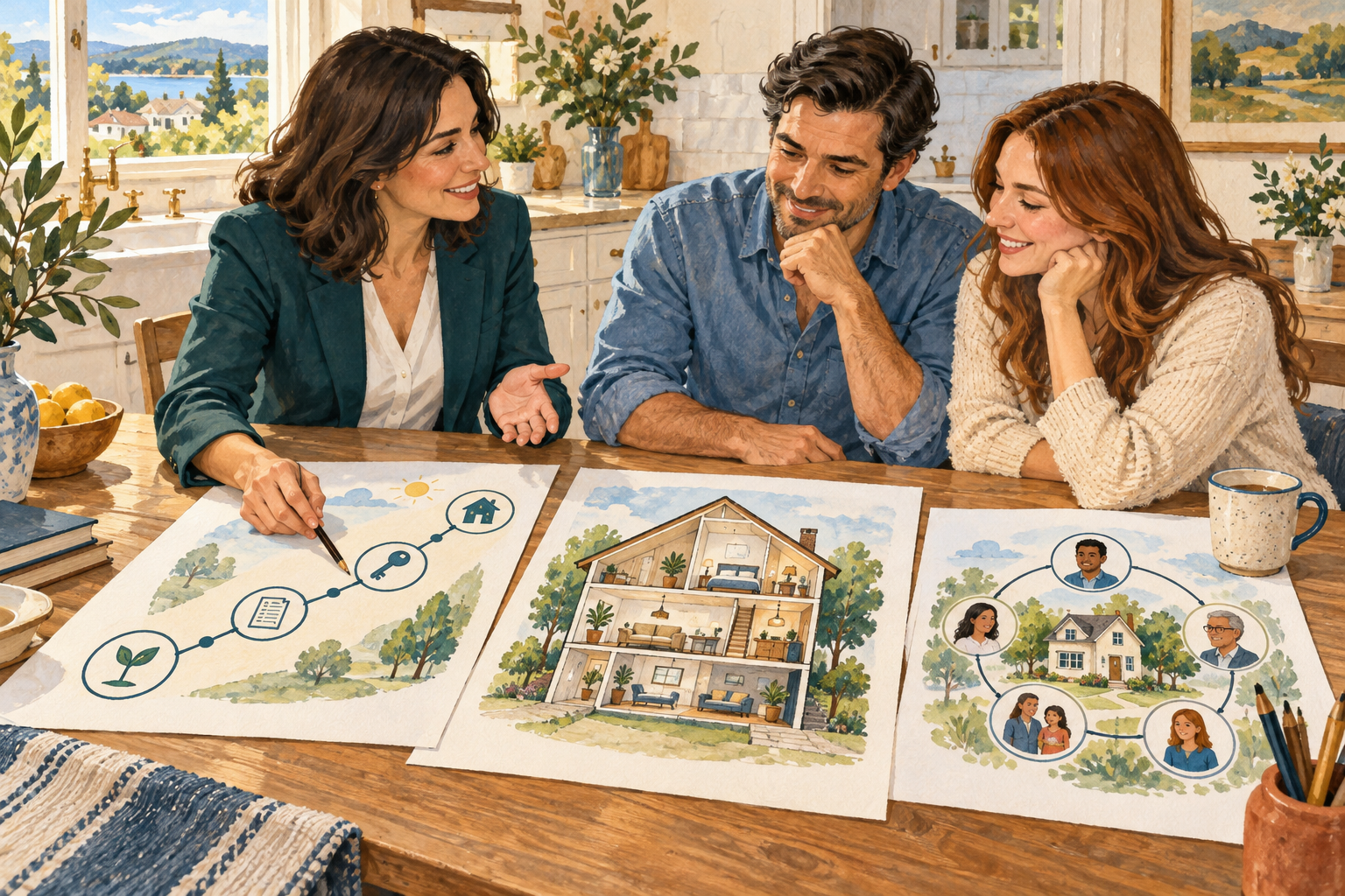 Original gouache illustration of an agent and clients comparing a timeline, home layout and participant map