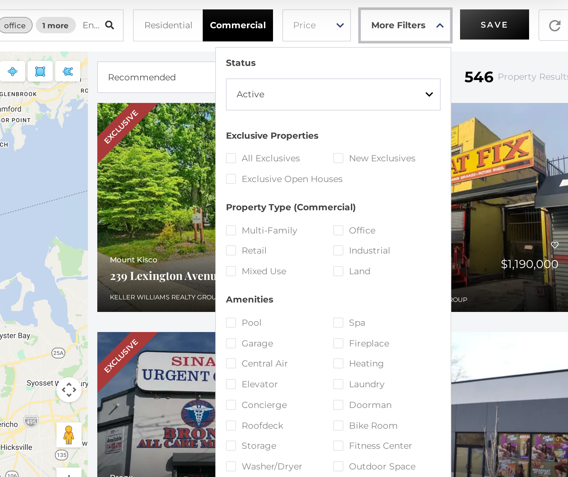 Keller New York live commercial search showing commercial property-type choices