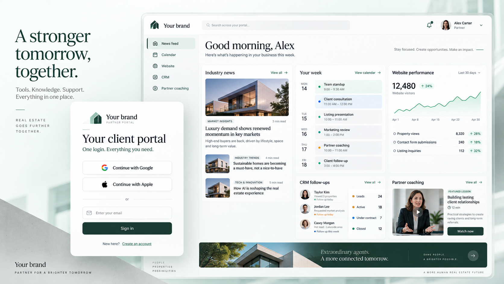 Connected agent portal with news, calendar, website, CRM and partner coaching