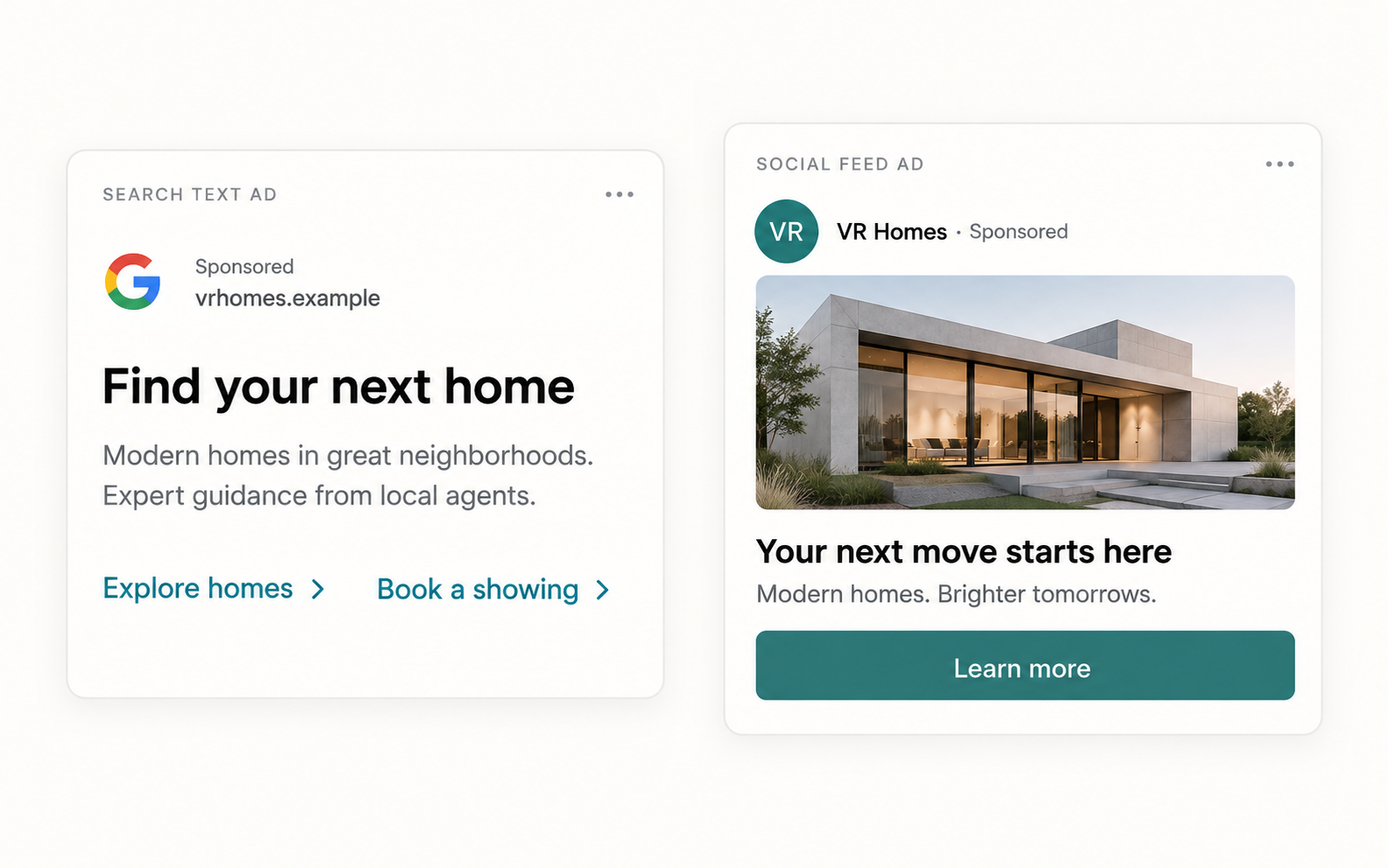 Simple Google search ad and social feed ad examples